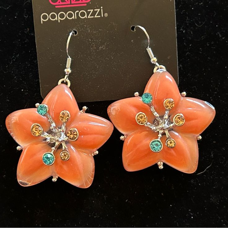 Blooming From An Abstract Silver-Studded Center, A Collection Of Aquamarine And Light Peach Rhinestones Glitters While A Glassy Orange Flower Frames The Shimmer For Additional Color And Whimsy. Never Worn. Flower Frames, Orange Accessories, Orange Earrings, Orange Flower, Light Peach, Earrings Color, Orange Flowers, Flower Frame, Color Orange