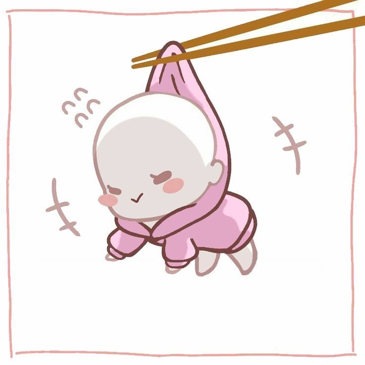 a cartoon character hanging from a string with chopsticks in it's hand