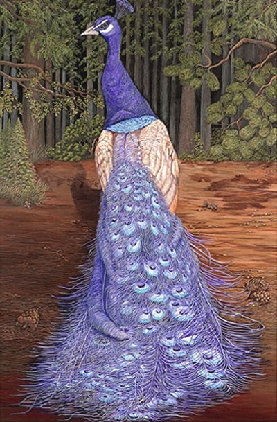 a painting of a peacock standing in front of some trees and dirt with its tail spread out