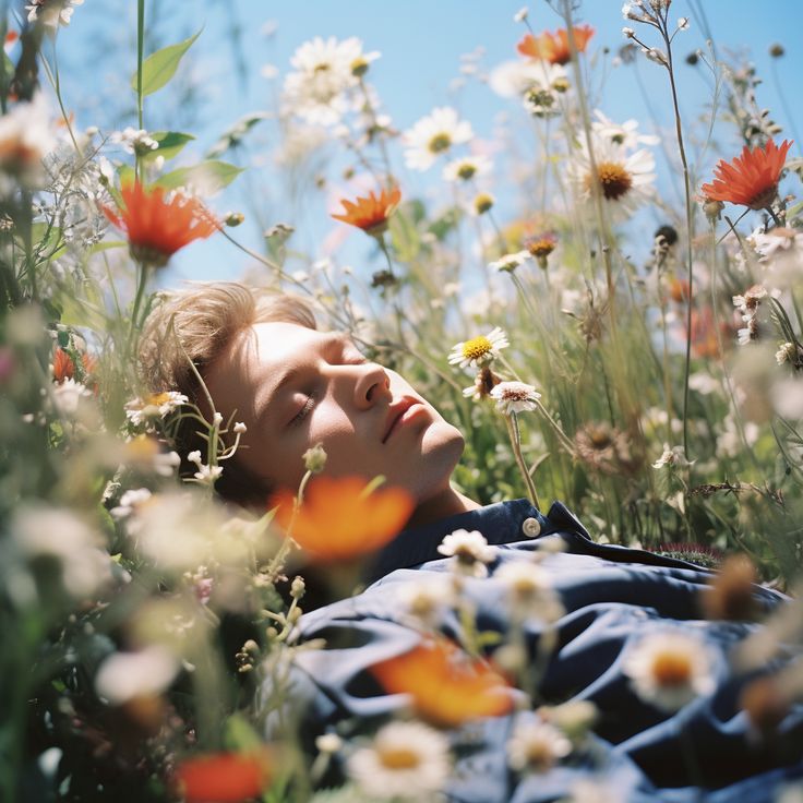 a young boy laying in the middle of a field of flowers