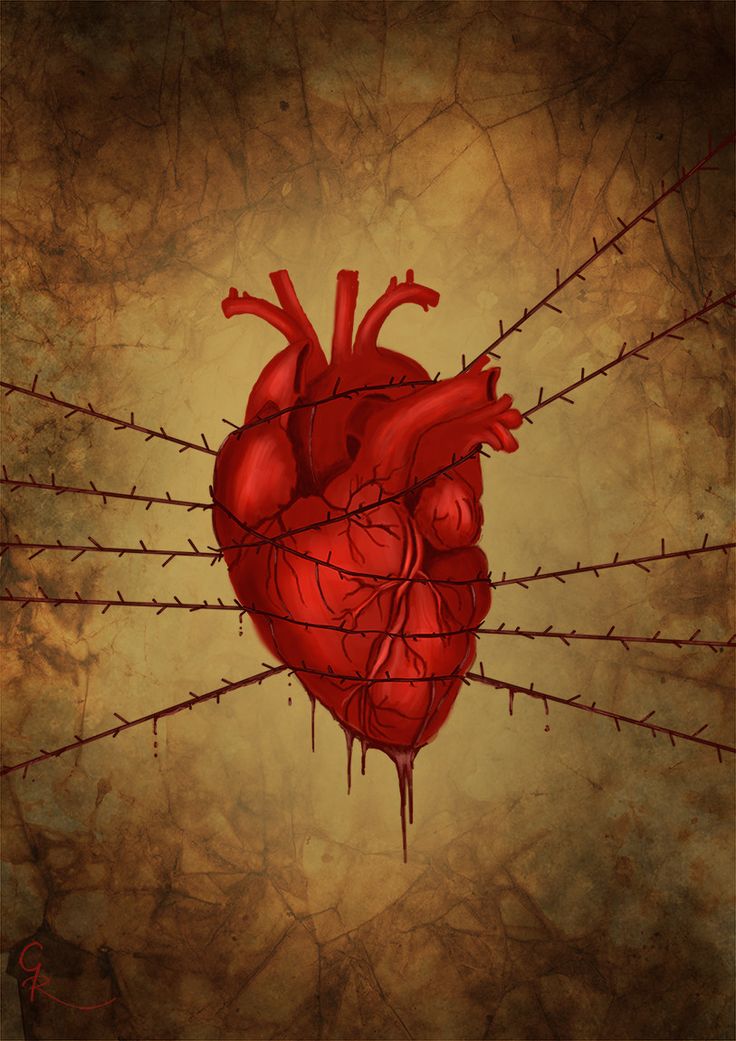 a painting of a heart hanging on a barbed wire fence with blood dripping from it