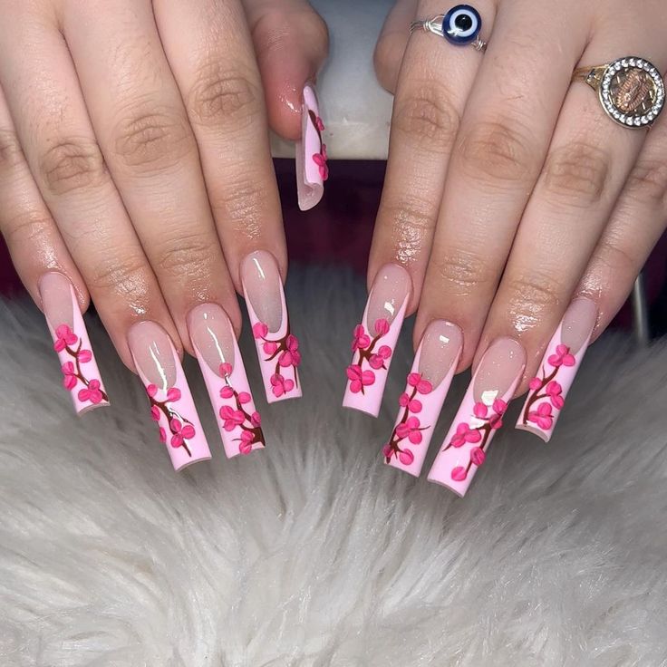 Blossom Nail Designs, Cherry Blossom Nails Design, Blossom Nails, Acrylic Inspiration, Nails Photos, White French Nails, Nail Artwork, Blue Ombre Nails, Cherry Blossom Nails