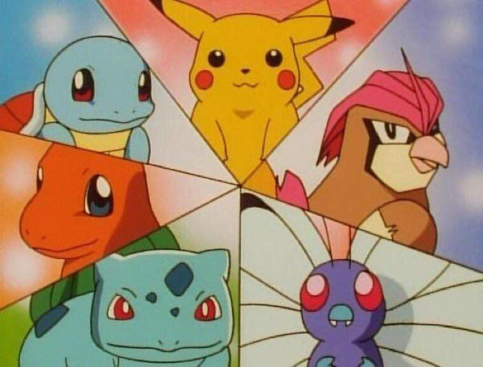 the pokemon characters are all different colors and sizes, but one is in front of them