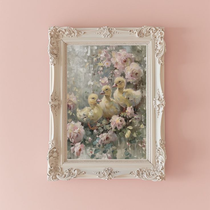 an ornate frame holds a painting of two ducklings and pink flowers on a pale background