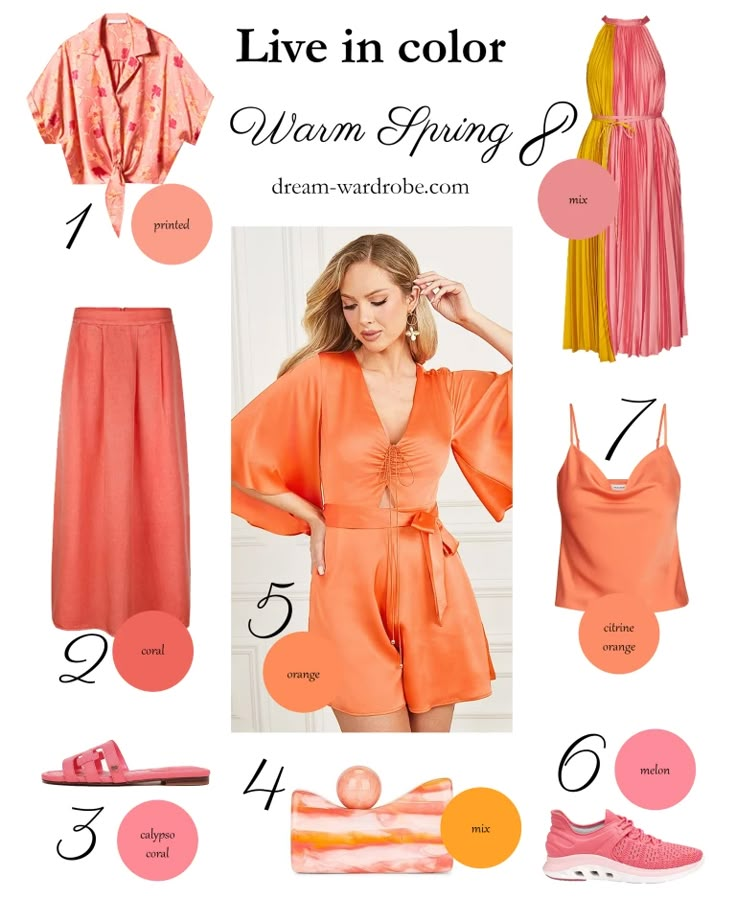 True Spring Color Palette Clothes, Copper Spring Color Palette, True Spring Color Analysis, True Spring Color Palette Outfits Capsule Wardrobe, Warm Spring Outfit Ideas, Warm Spring Wardrobe, Spring Warm Outfits, Warm Spring Outfits Color Palettes, True Spring Capsule Wardrobe