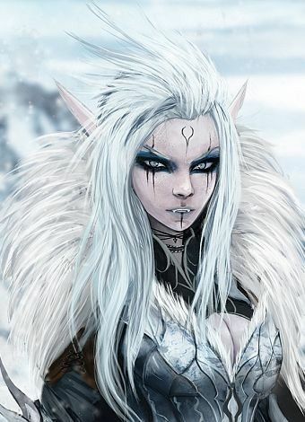 a woman with white hair and blue eyes is standing in the snow