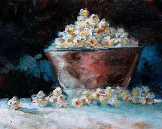 a painting of popcorn in a bowl on a table