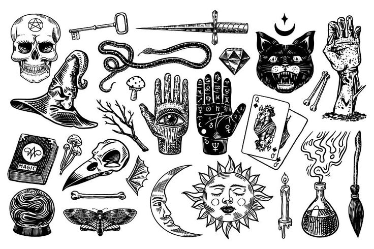 the set of hand drawn symbols for tattoos and other things in black and white colors