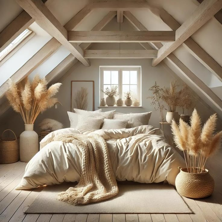 an attic bedroom with wooden floors and white walls, beige bedding and pillows on the floor