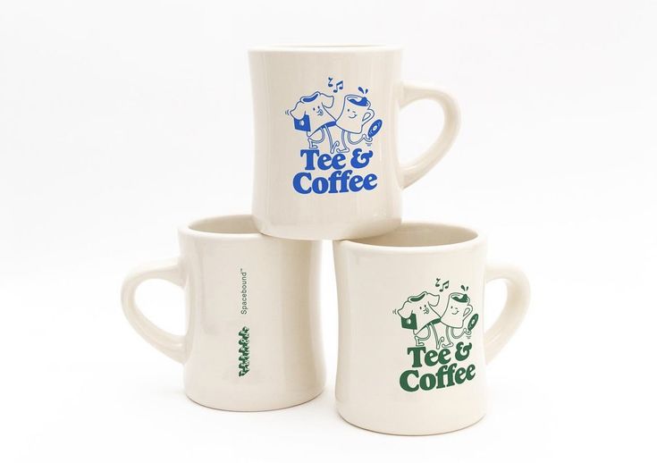 three coffee mugs are stacked on top of each other, with the words tea and coffee printed on them