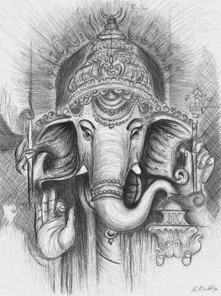 a pencil drawing of an elephant's head with its trunk in the air and eyes closed