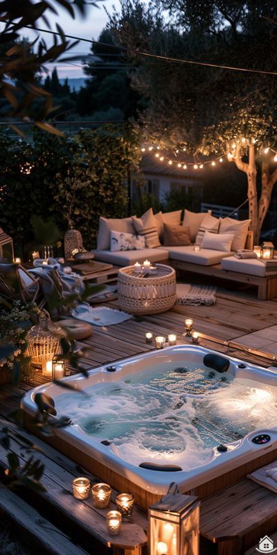 an outdoor hot tub surrounded by candles and lights in the middle of a wooden deck