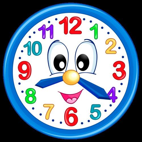 cartoon clock with hands and eyes showing the time on it's face, smiling