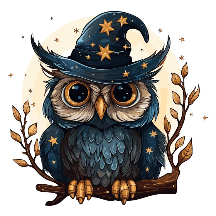 an owl wearing a witches hat sitting on a branch with stars and leaves around it