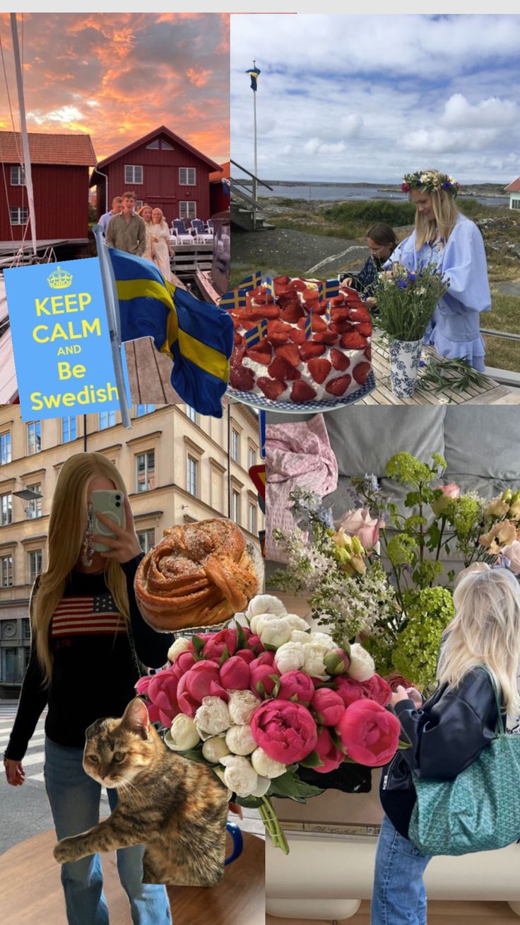 collage of photos with people and flowers in front of them, one woman is holding a cat