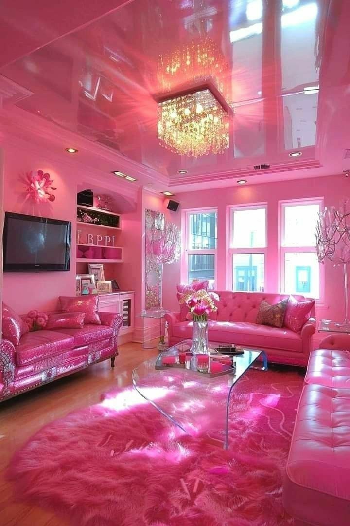 a living room with pink furniture and chandelier