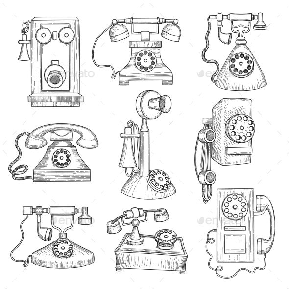 vintage telephones and dial phones - objects illustrations