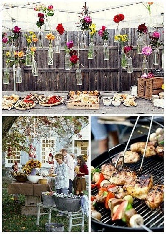 an outdoor bbq with flowers and food on it