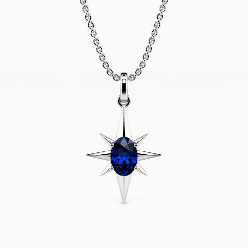 Chic and fabulous. This eight-point star pendant necklace symbolizes hope and guidance and is the ideal everyday accessory. It features a glimmering oval-cut gem in the center that emits the shining metallic rays from eight directions. This striking piece will lighten your day and save you from the darkness.Carat Weight: 0.5 ctStone Size: 4*6 mmStone Type: Moissanite/GemstoneNumber of Stones: 1 Stone Color: OptionalStone Shape: OvalChain Type: O-chainWidth: 11.4 mmHeight: 20.3 mmThickness: 5 mmM Star Pendant Necklace, Classic Necklace, Everyday Accessories, The Shining, The Darkness, Star Pendant, Save You, Oval Cut, Personalized Jewelry