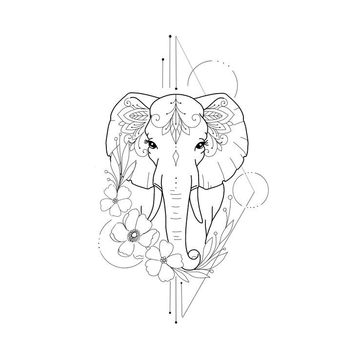 an elephant's head with flowers and leaves in the center on a white background