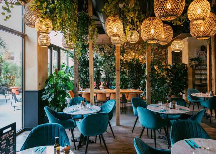 a restaurant with blue chairs and plants hanging from the ceiling