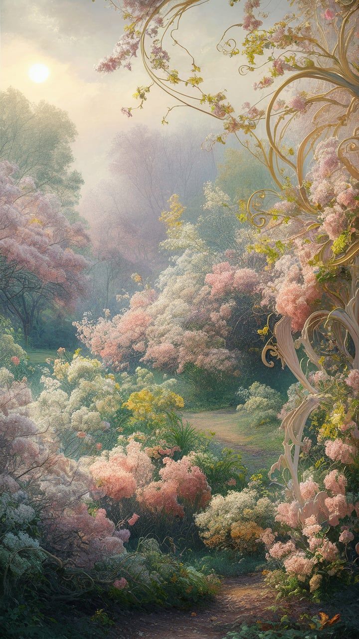 a painting of trees and flowers in the woods