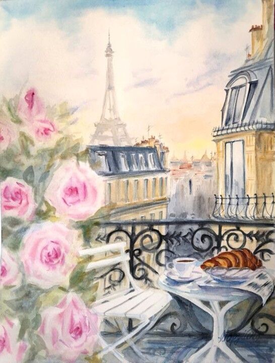 a watercolor painting of a balcony with pink roses and a croissant on the table