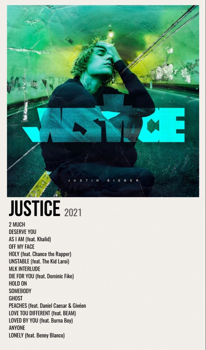 a poster with the words justice written in blue and green on it, next to an image of a man sitting down