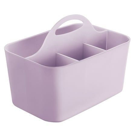 a purple plastic container with three compartments and a handle on the bottom, holding two utensils