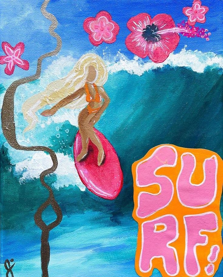 a painting of a woman riding a surfboard in the ocean with pink flowers on it