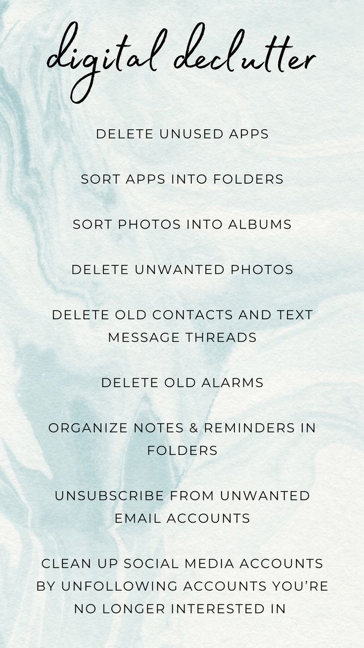 the digital declutter menu is shown in blue and white with black writing on it