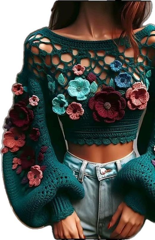 a woman wearing a crop top with flowers on it