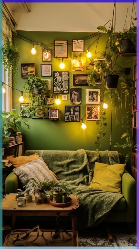 a living room with green walls and pictures on the wall, plants in pots and potted plants