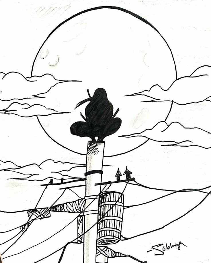 a black and white drawing of a person sitting on top of a pole with the moon in the background