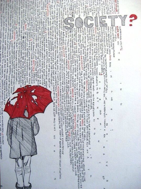 a drawing of a person holding an umbrella in front of a book with the words society written on it