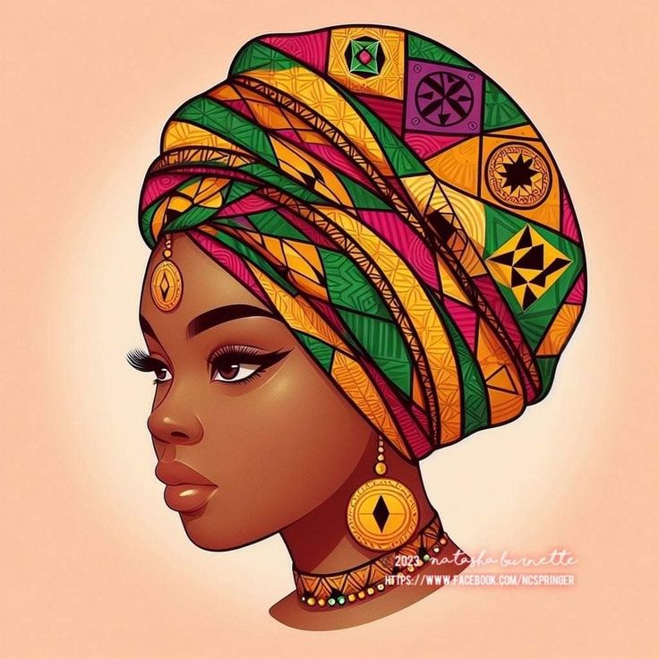 an african woman wearing a colorful turban with earrings on her head and necklaces