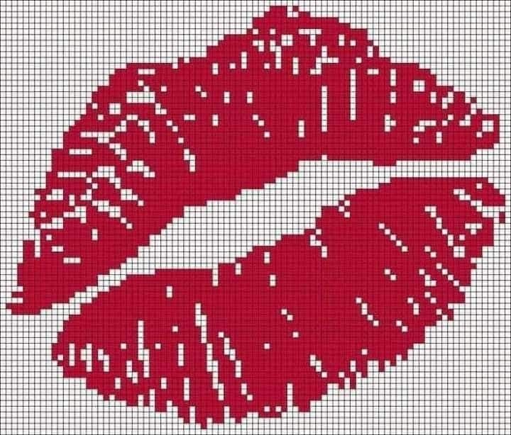 cross stitch pattern of two red lips with the word kiss written on them in white