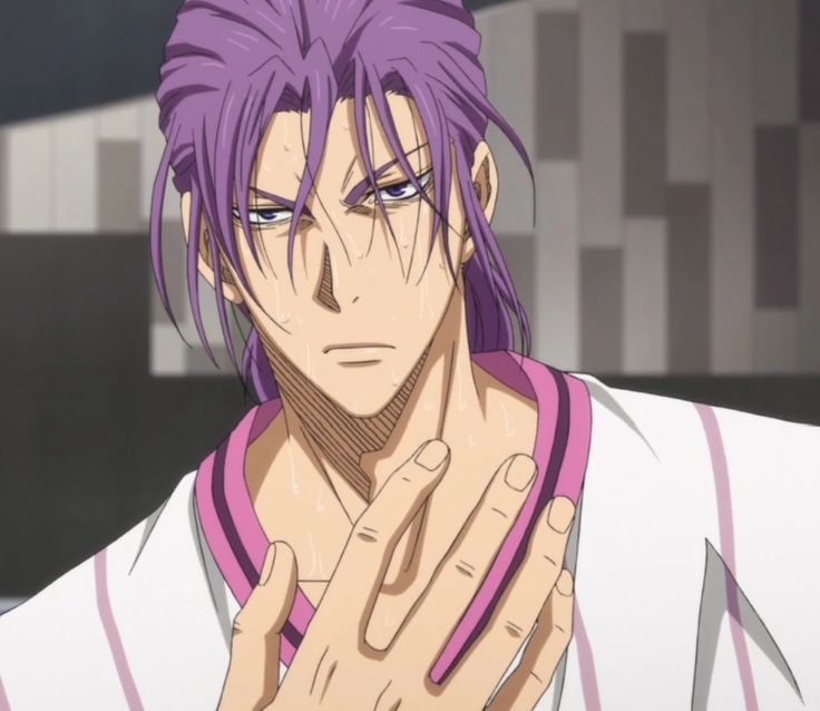 an anime character with purple hair holding his hand up to his chest and looking at the camera