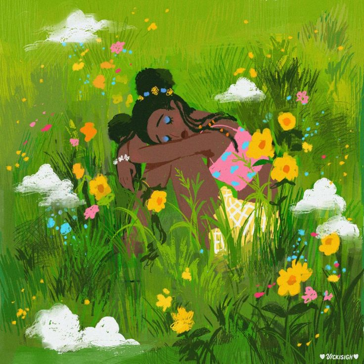 a painting of two women hugging each other in a field full of flowers and grass