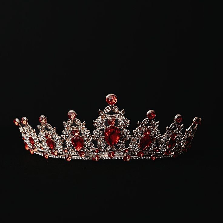 Red Gem Tiara, Red Tiara Aesthetic, Red And Gold Tiara, Garnet Tiara, Red And Gold Ball Gown, Gold And Red Jewelry, Red Princess Gown, Red And Gold Crown, Red Crowns