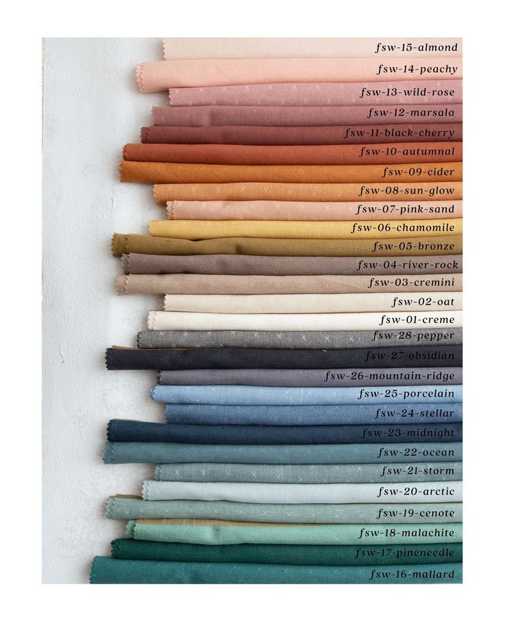 an assortment of different colors of fabric on a white surface with the names of each color