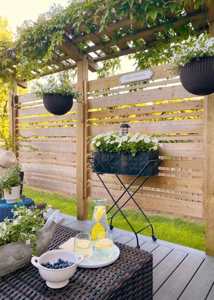 an outdoor patio with potted plants and food