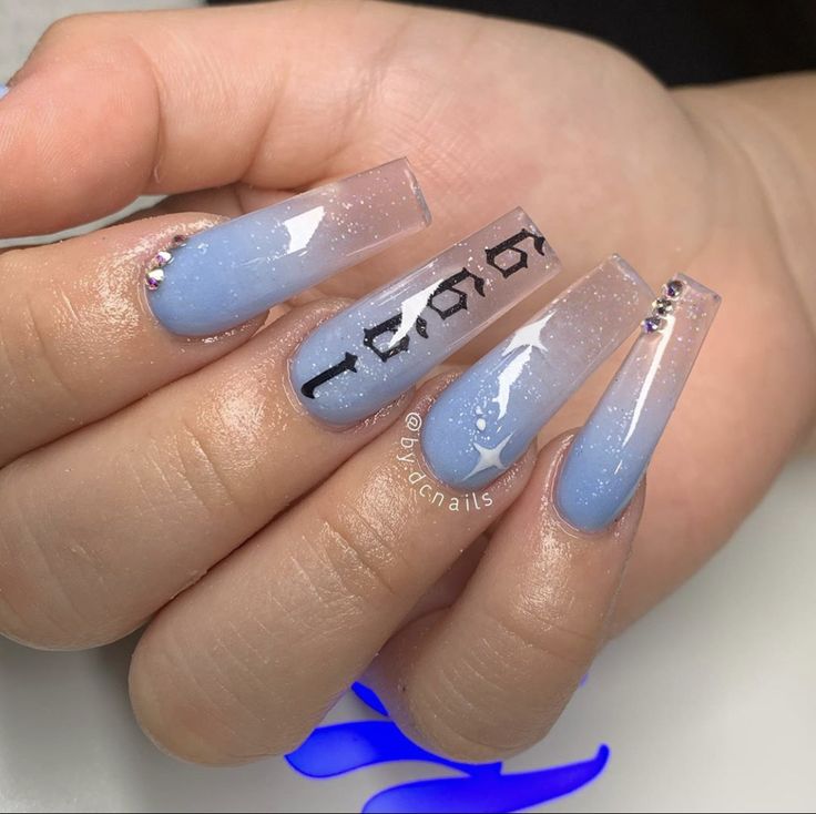 Insta: @/by.dcnails 21st Birthday Nails Blue, 1999 Nail Design, Icy Nails Acrylic, Chicana Nails Acrylic, 21st Birthday Nails Acrylic, Birthday Nails Medium, 22nd Birthday Nails, Chola Nails Designs, Unholy Thoughts