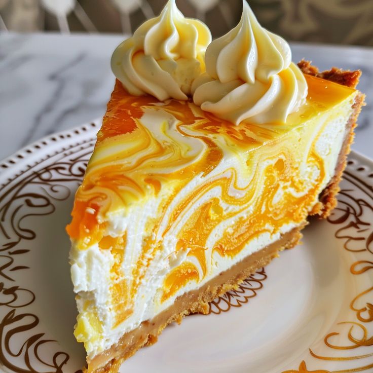 a piece of cheesecake on a plate with whipped cream and caramel swirls