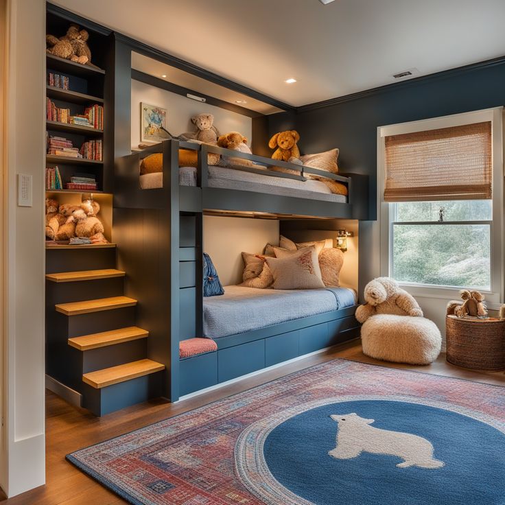 a child's bedroom with bunk beds and stairs