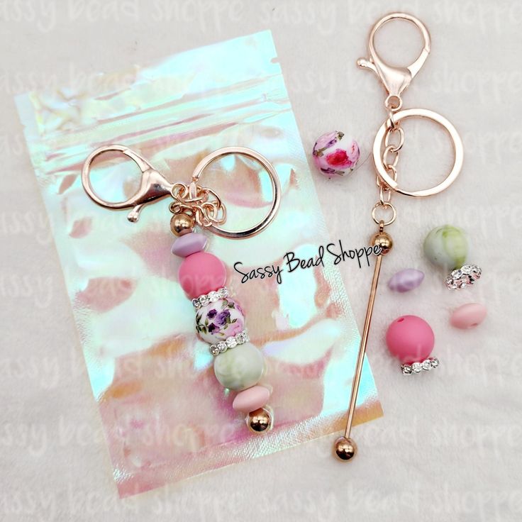 Rose Keychain Kit Beadable Keychain Bar Ideas, Iridescent Keychain, Rose Keychain, Bar Keychain, Gold Keychain, Bead Keychain, Beaded Pens, Bogg Bag, Kit Ideas