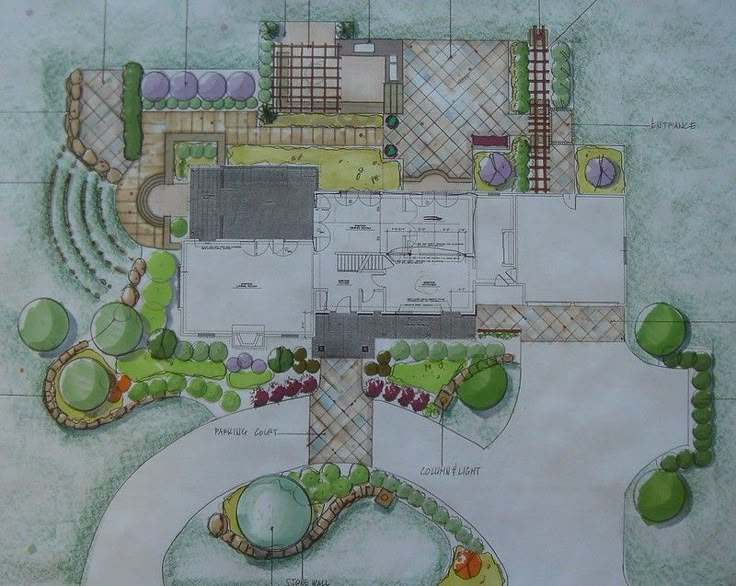 this is a drawing of a garden plan with trees and bushes in the middle of it