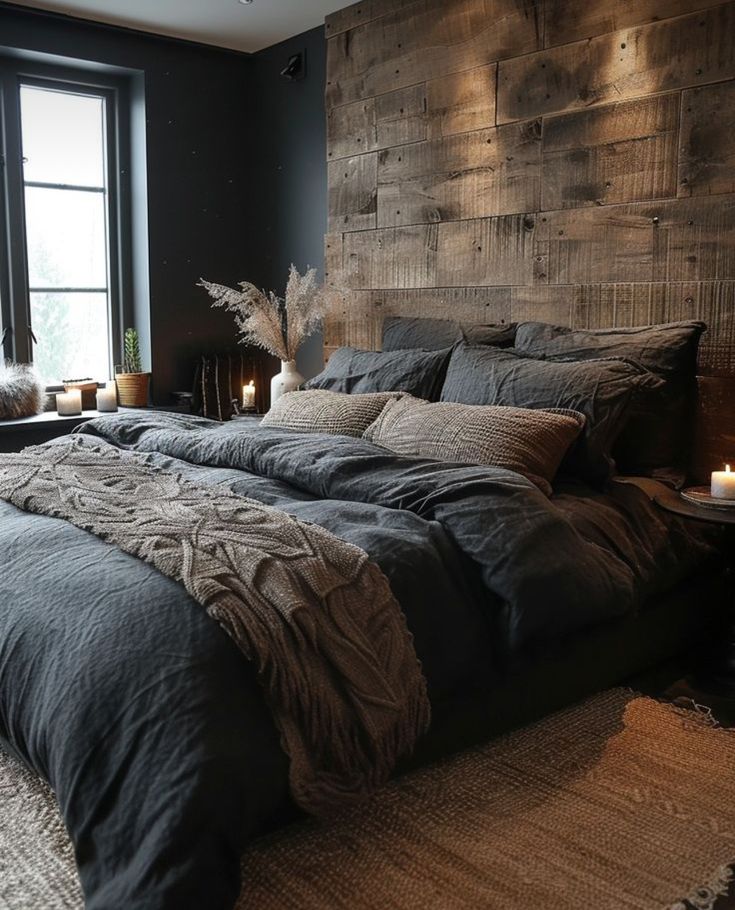 a large bed sitting next to a window with candles on top of it in front of a wooden headboard