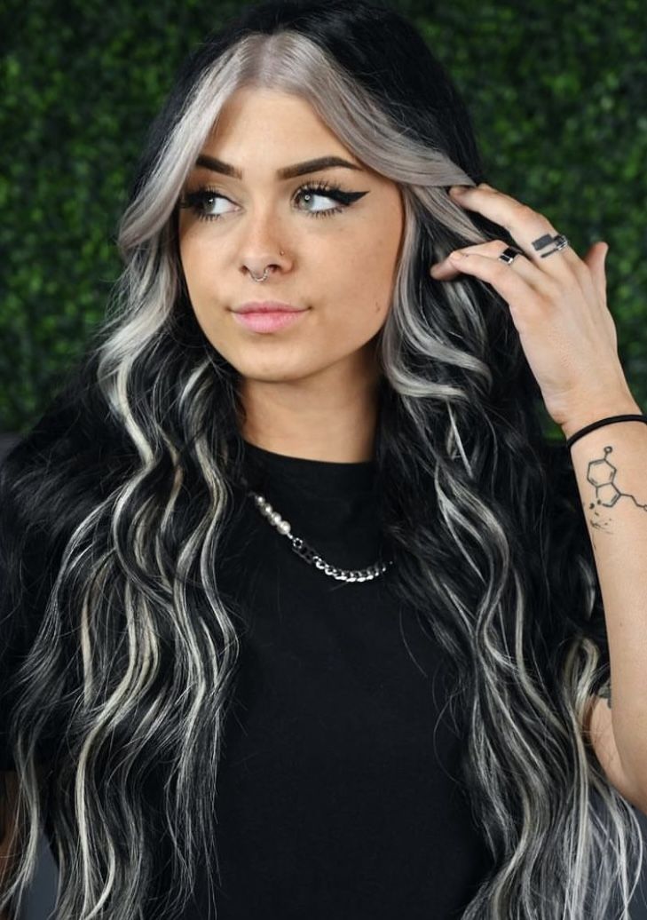 Black With Blonde Highlights, Black Hair With Blonde Highlights, Black And Silver Hair, Black And Grey Hair, Black And White Hair, White Hair Color, Hair Color Underneath, Me And My Friend, Jet Black Hair