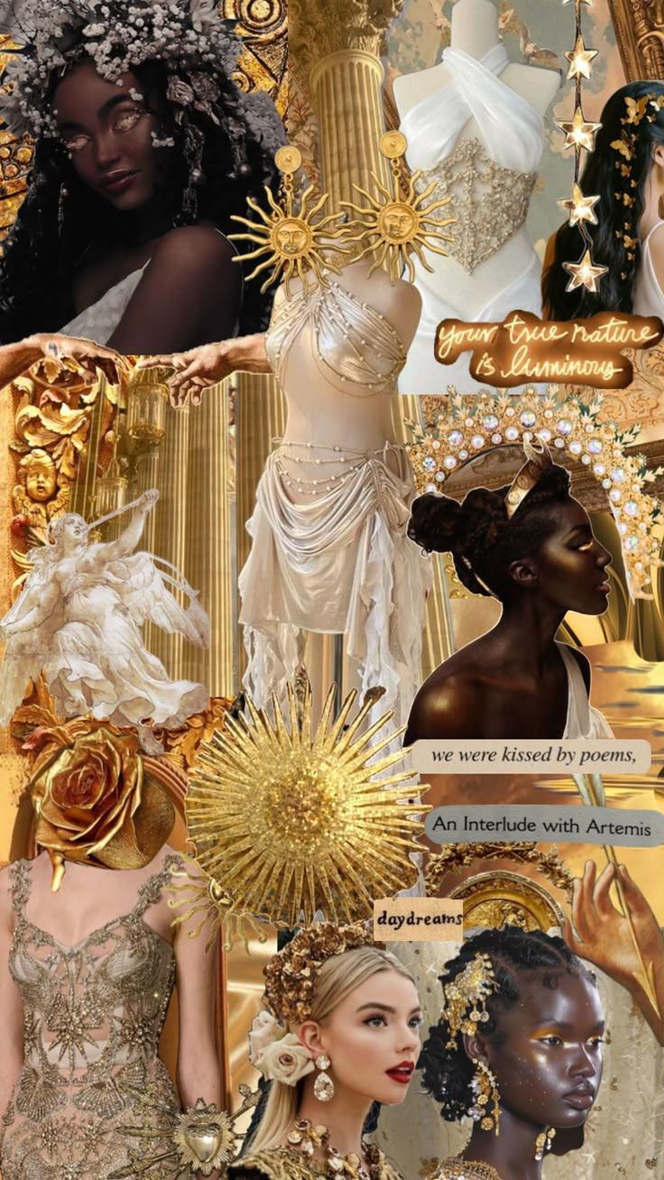 a collage of gold and white images with different types of hair, makeup and accessories